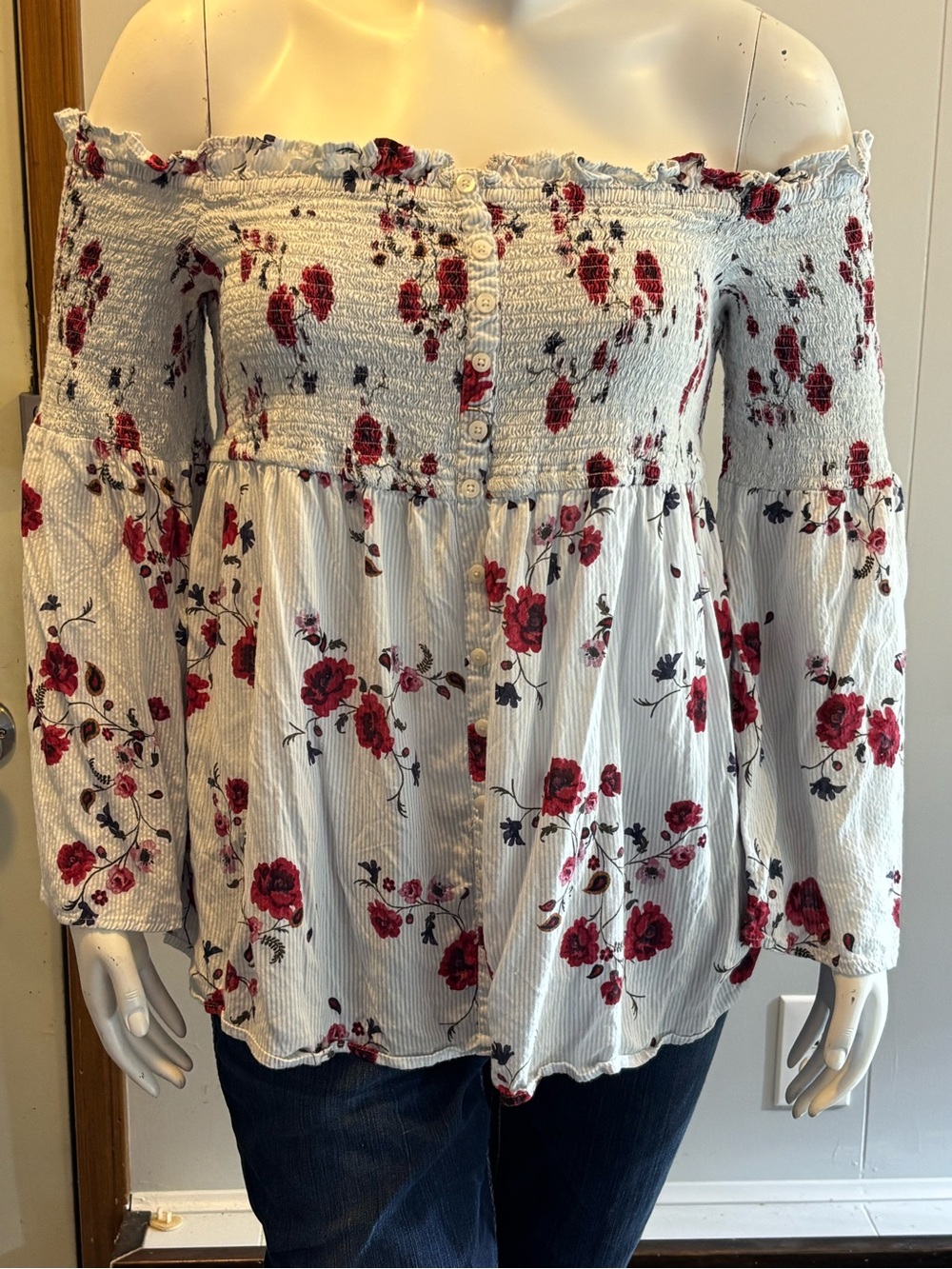 Torrid White Off-Shoulder Floral Peasant Blouse with Red Roses